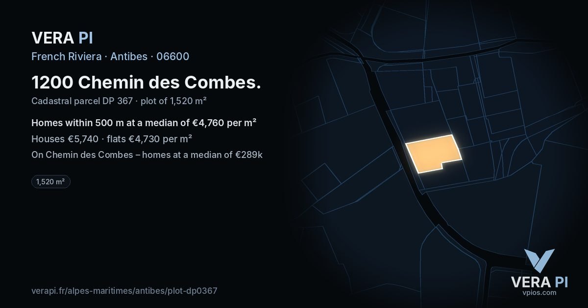 1200 Chemin des Combes, Antibes at night – the plot lit, the parcels around coloured by the prices near them
