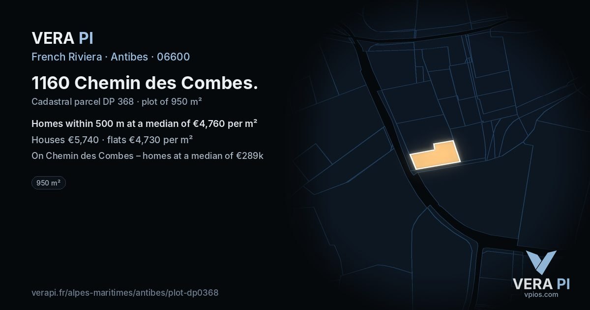 1160 Chemin des Combes, Antibes at night – the plot lit, the parcels around coloured by the prices near them