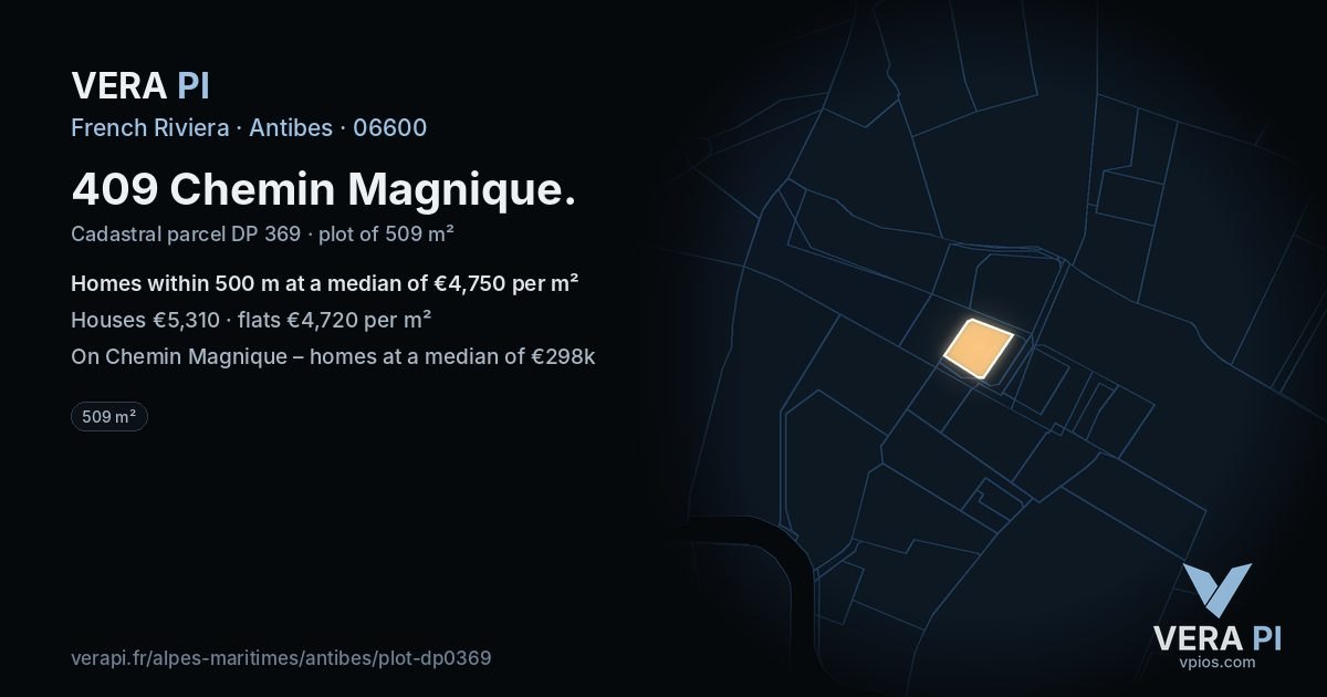 409 Chemin Magnique, Antibes at night – the plot lit, the parcels around coloured by the prices near them
