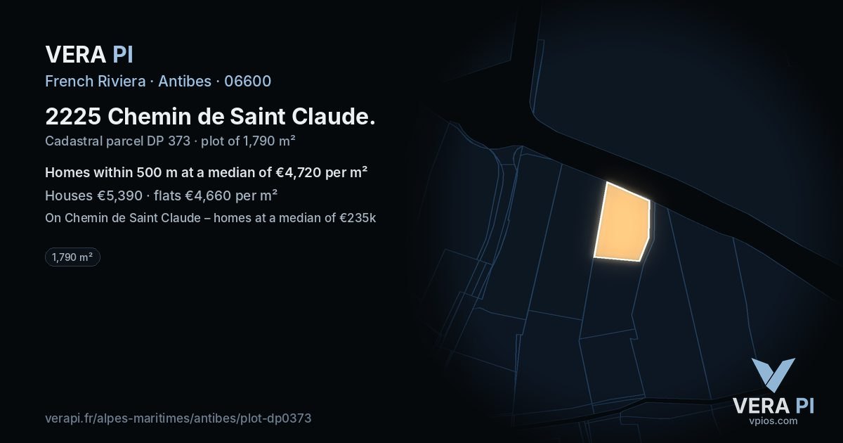 2225 Chemin de Saint Claude, Antibes at night – the plot lit, the parcels around coloured by the prices near them