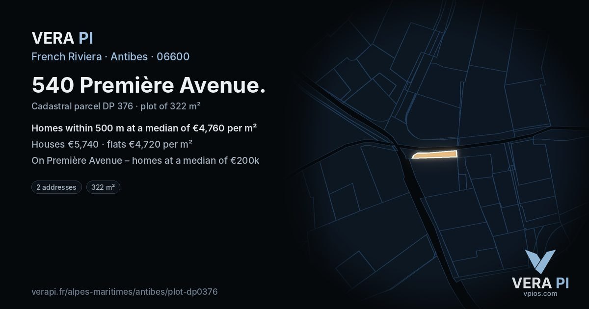540 Première Avenue, Antibes at night – the plot lit, the parcels around coloured by the prices near them