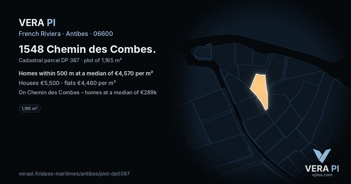 1548 Chemin des Combes, Antibes at night – the plot lit, the parcels around coloured by the prices near them
