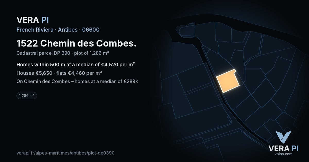 1522 Chemin des Combes, Antibes at night – the plot lit, the parcels around coloured by the prices near them
