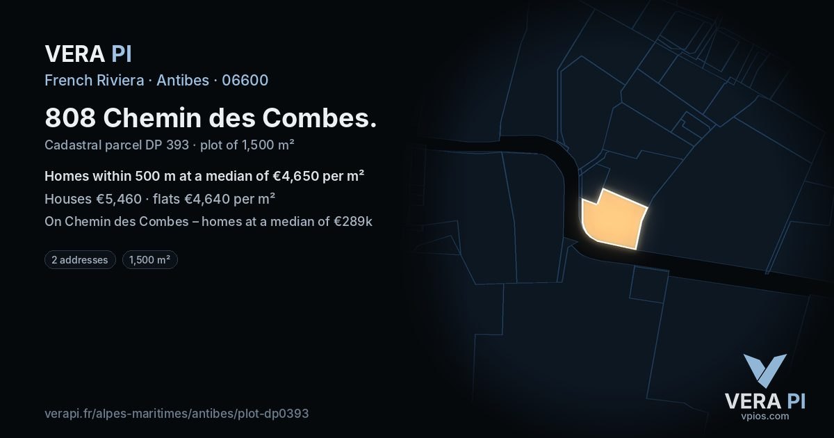 808 Chemin des Combes, Antibes at night – the plot lit, the parcels around coloured by the prices near them