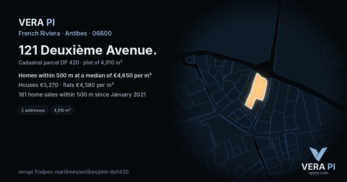 121 Deuxième Avenue, Antibes at night – the plot lit, the parcels around coloured by the prices near them