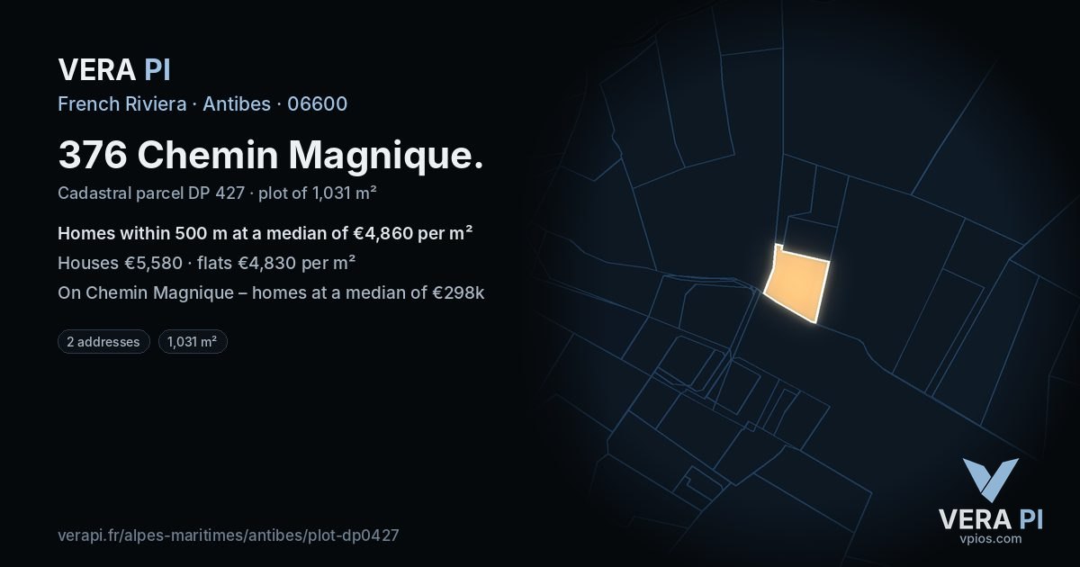 376 Chemin Magnique, Antibes at night – the plot lit, the parcels around coloured by the prices near them