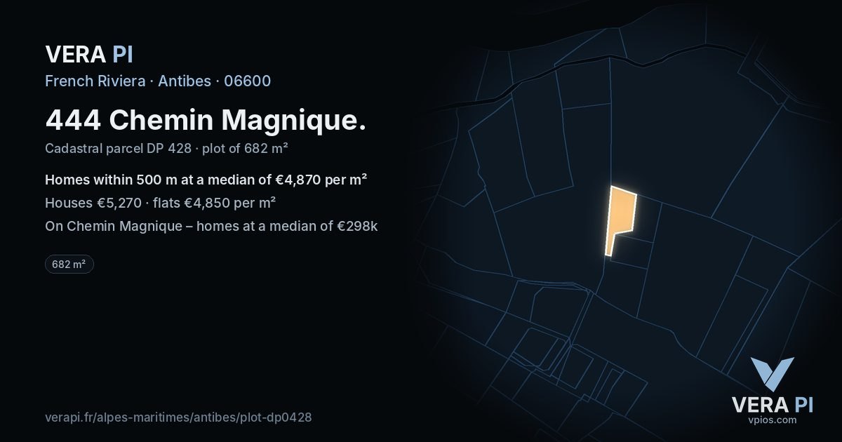 444 Chemin Magnique, Antibes at night – the plot lit, the parcels around coloured by the prices near them