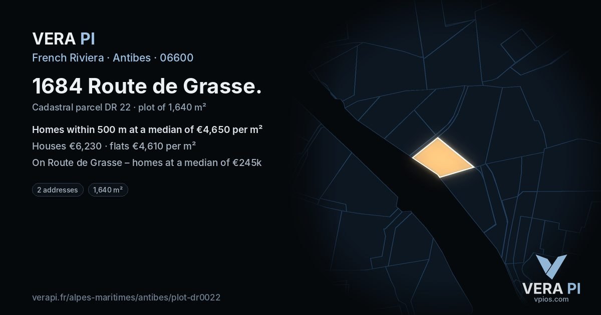 1684 Route de Grasse, Antibes at night – the plot lit, the parcels around coloured by the prices near them