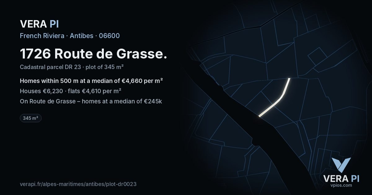 1726 Route de Grasse, Antibes at night – the plot lit, the parcels around coloured by the prices near them