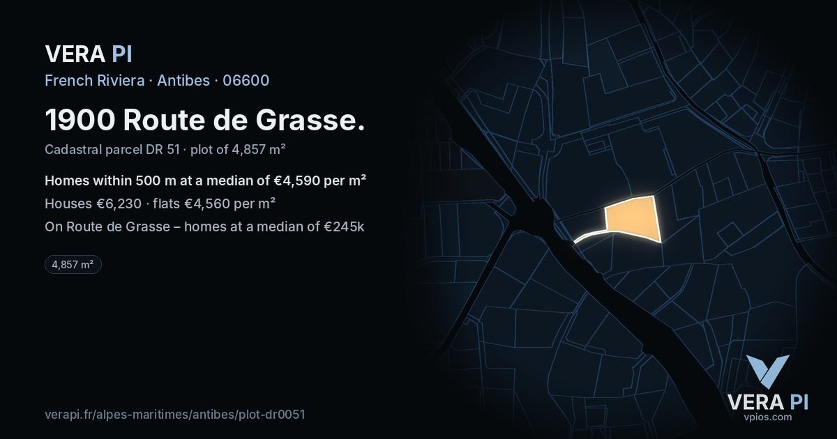 1900 Route de Grasse, Antibes at night – the plot lit, the parcels around coloured by the prices near them