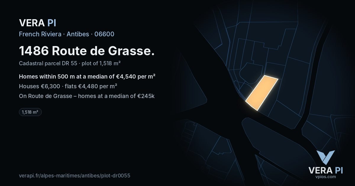 1486 Route de Grasse, Antibes at night – the plot lit, the parcels around coloured by the prices near them