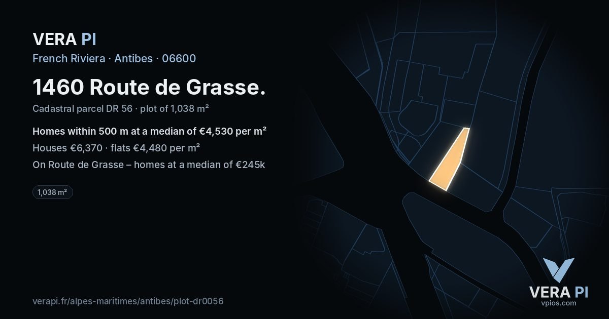 1460 Route de Grasse, Antibes at night – the plot lit, the parcels around coloured by the prices near them