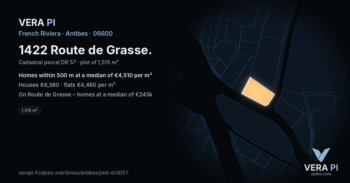 1422 Route de Grasse, Antibes at night – the plot lit, the parcels around coloured by the prices near them