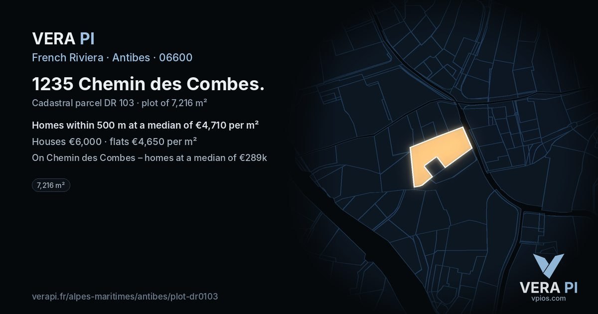 1235 Chemin des Combes, Antibes at night – the plot lit, the parcels around coloured by the prices near them