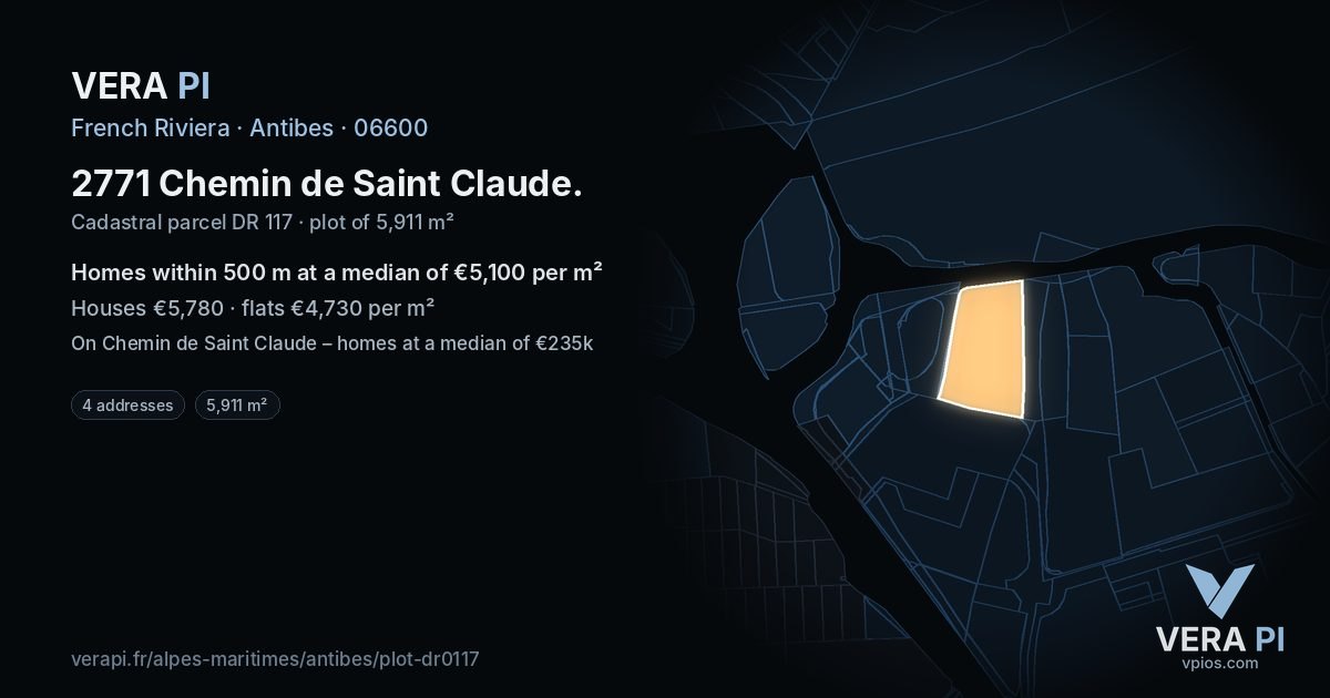2771 Chemin de Saint Claude, Antibes at night – the plot lit, the parcels around coloured by the prices near them