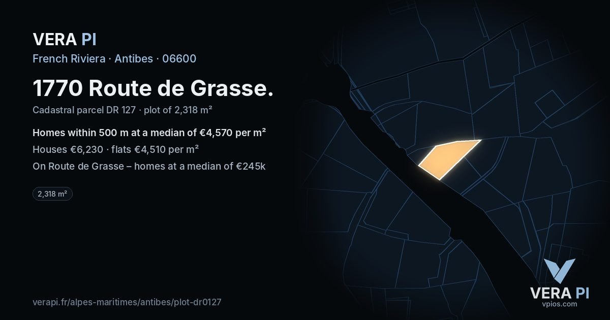 1770 Route de Grasse, Antibes at night – the plot lit, the parcels around coloured by the prices near them