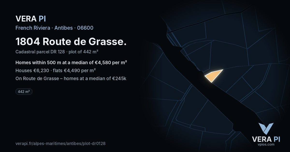 1804 Route de Grasse, Antibes at night – the plot lit, the parcels around coloured by the prices near them
