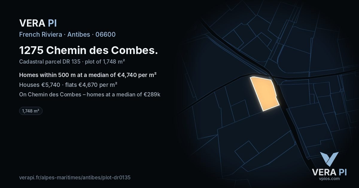 1275 Chemin des Combes, Antibes at night – the plot lit, the parcels around coloured by the prices near them