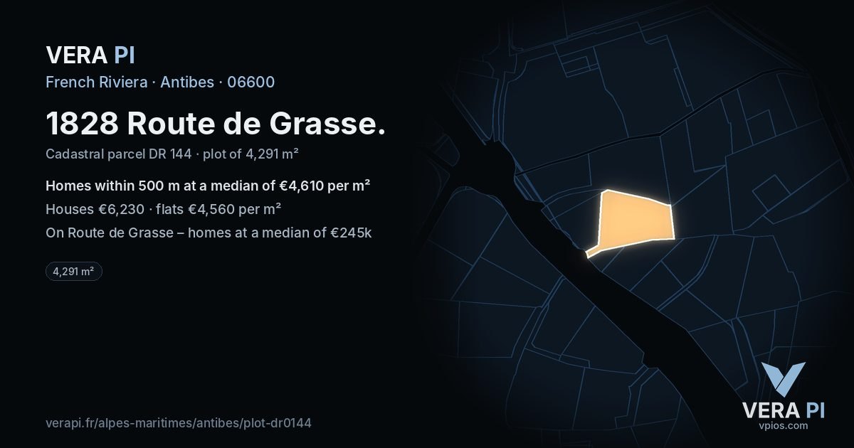 1828 Route de Grasse, Antibes at night – the plot lit, the parcels around coloured by the prices near them