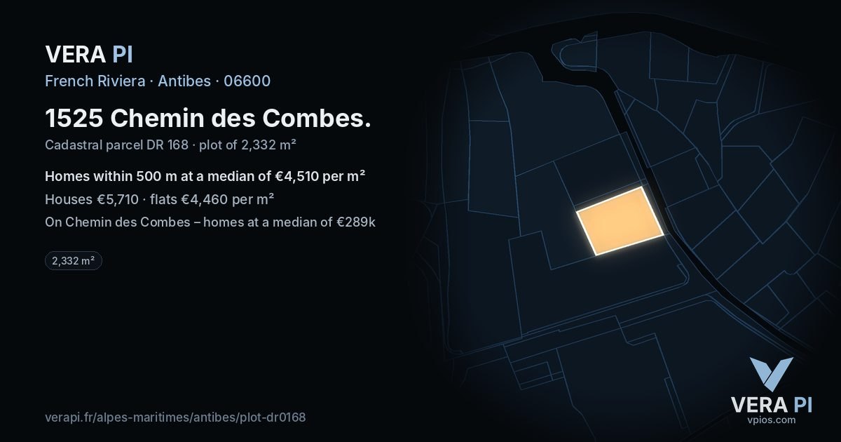 1525 Chemin des Combes, Antibes at night – the plot lit, the parcels around coloured by the prices near them