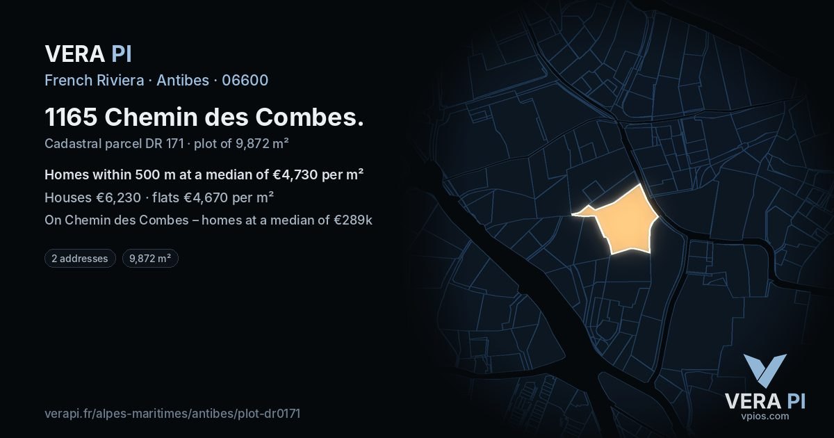 1165 Chemin des Combes, Antibes at night – the plot lit, the parcels around coloured by the prices near them