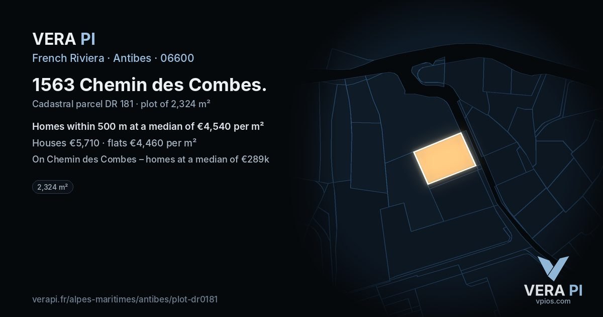 1563 Chemin des Combes, Antibes at night – the plot lit, the parcels around coloured by the prices near them