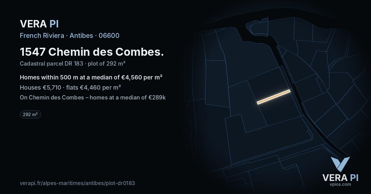 1547 Chemin des Combes, Antibes at night – the plot lit, the parcels around coloured by the prices near them
