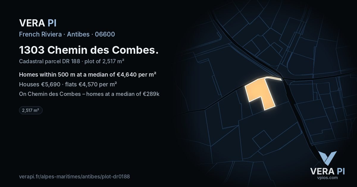 1303 Chemin des Combes, Antibes at night – the plot lit, the parcels around coloured by the prices near them