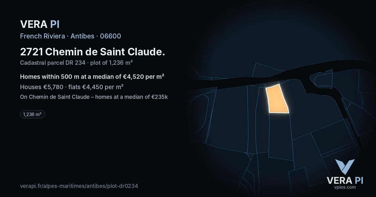 2721 Chemin de Saint Claude, Antibes at night – the plot lit, the parcels around coloured by the prices near them
