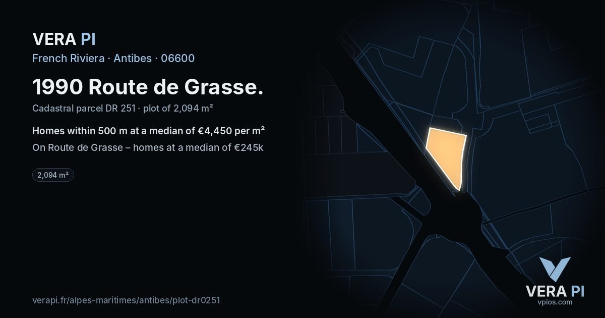 1990 Route de Grasse, Antibes at night – the plot lit, the parcels around coloured by the prices near them