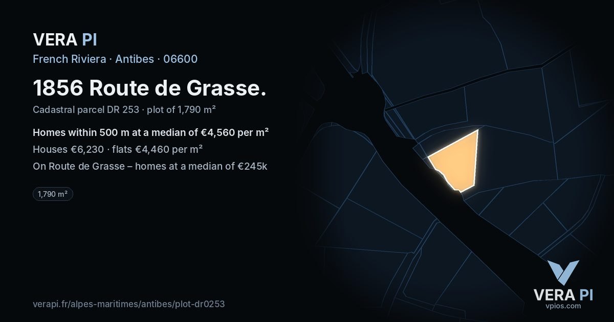 1856 Route de Grasse, Antibes at night – the plot lit, the parcels around coloured by the prices near them