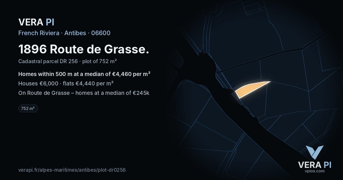 1896 Route de Grasse, Antibes at night – the plot lit, the parcels around coloured by the prices near them