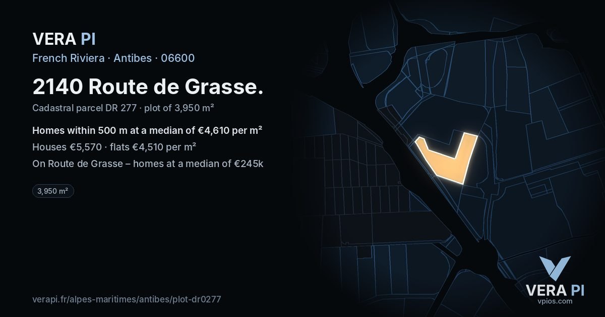 2140 Route de Grasse, Antibes at night – the plot lit, the parcels around coloured by the prices near them