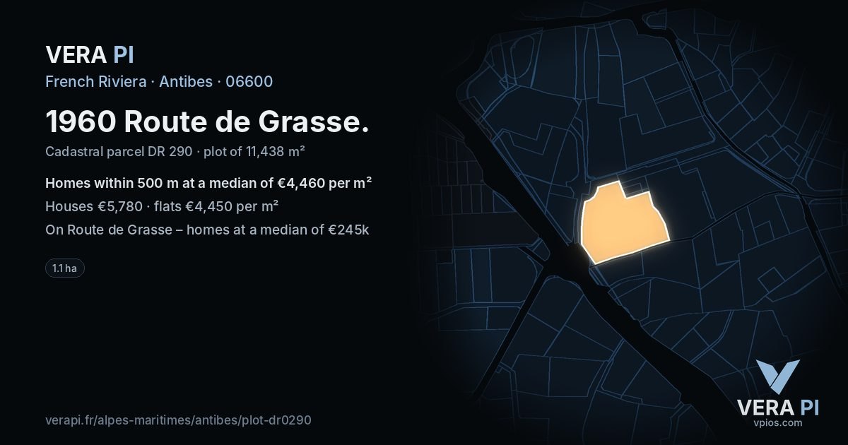 1960 Route de Grasse, Antibes at night – the plot lit, the parcels around coloured by the prices near them
