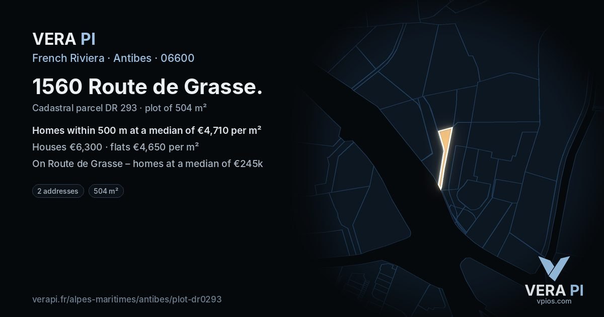1560 Route de Grasse, Antibes at night – the plot lit, the parcels around coloured by the prices near them