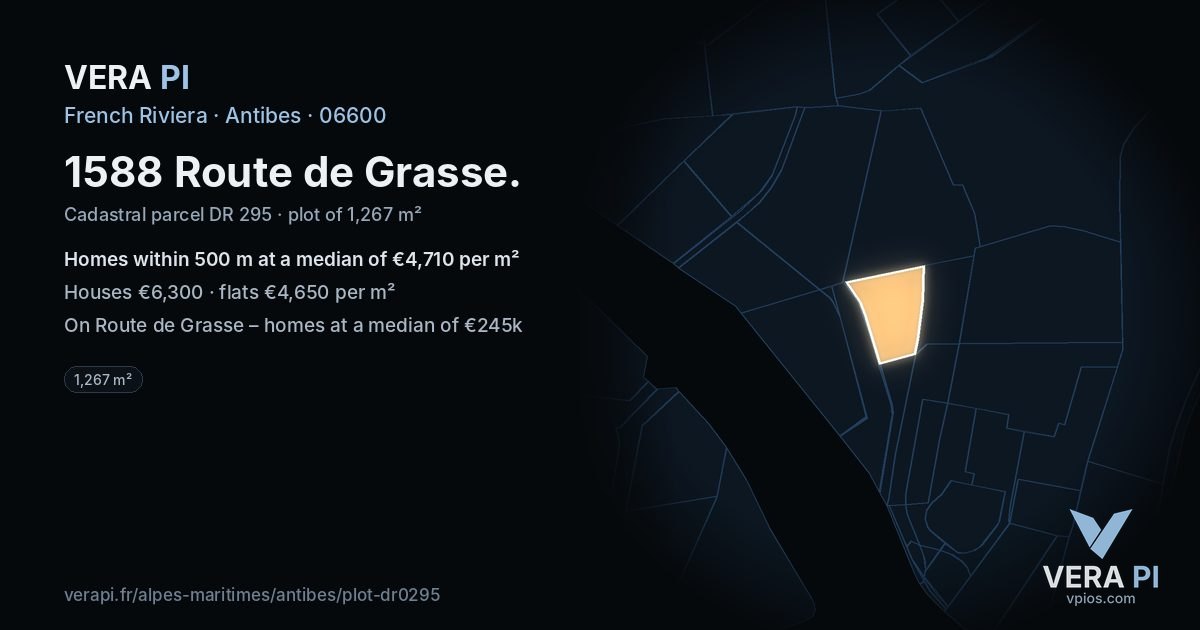 1588 Route de Grasse, Antibes at night – the plot lit, the parcels around coloured by the prices near them