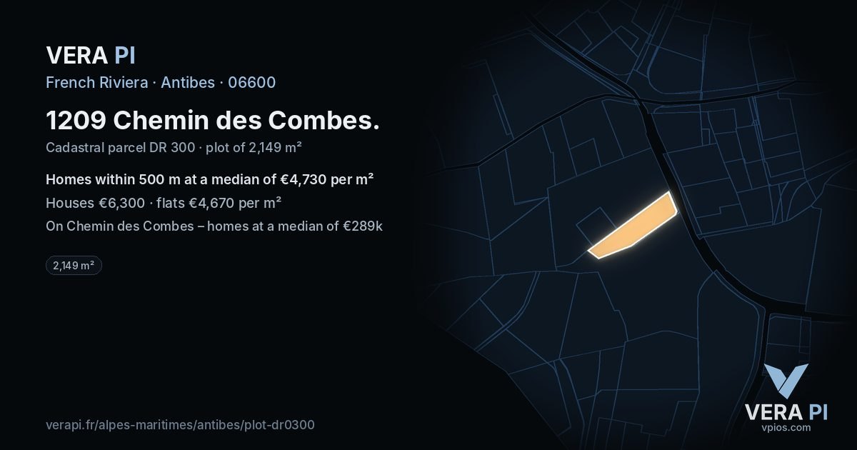 1209 Chemin des Combes, Antibes at night – the plot lit, the parcels around coloured by the prices near them
