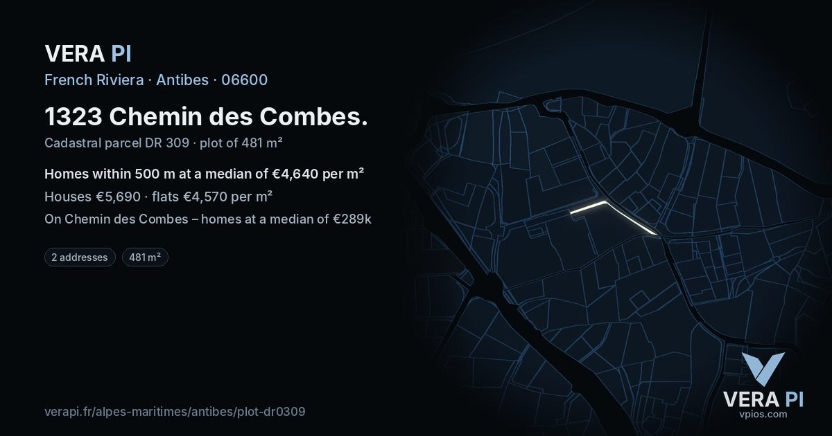 1323 Chemin des Combes, Antibes at night – the plot lit, the parcels around coloured by the prices near them
