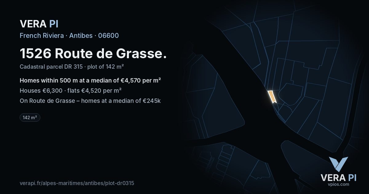 1526 Route de Grasse, Antibes at night – the plot lit, the parcels around coloured by the prices near them