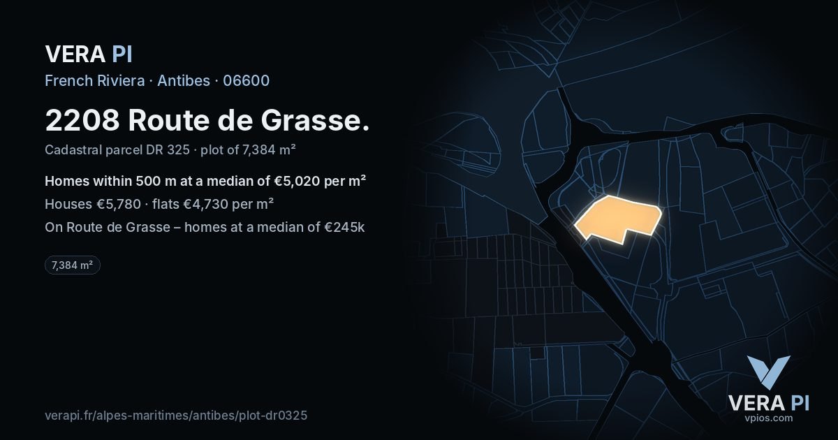 2208 Route de Grasse, Antibes at night – the plot lit, the parcels around coloured by the prices near them