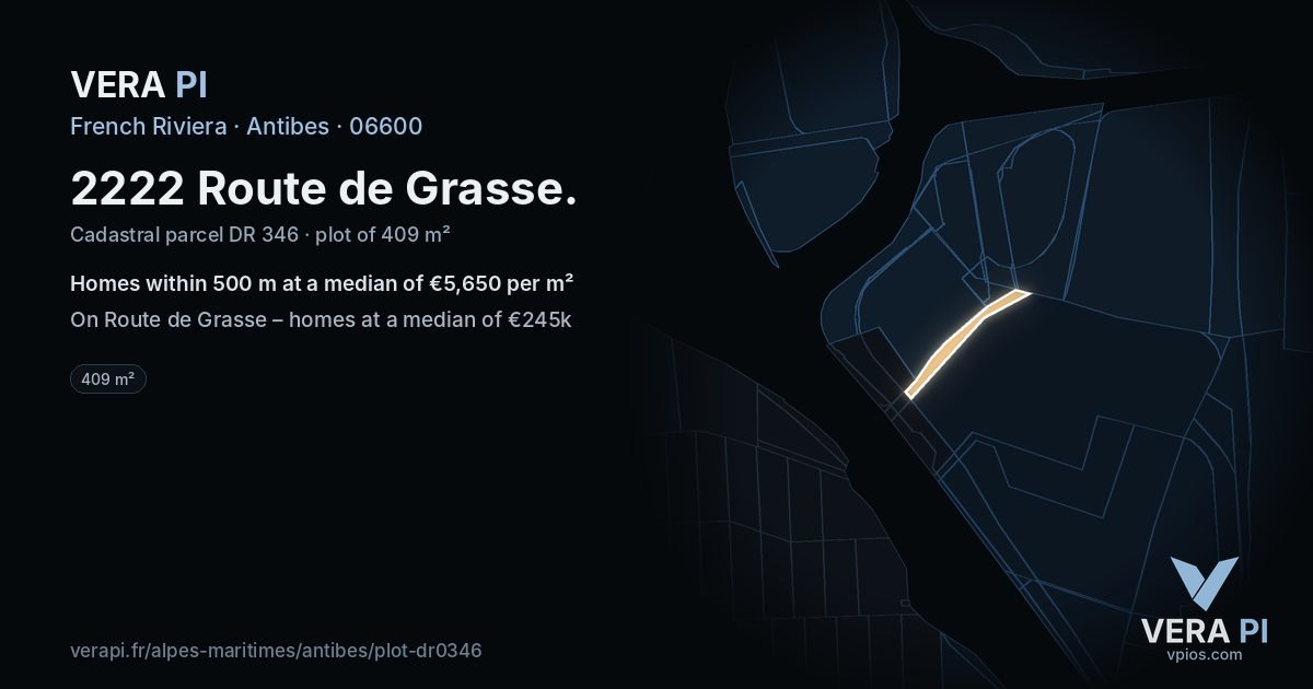 2222 Route de Grasse, Antibes at night – the plot lit, the parcels around coloured by the prices near them