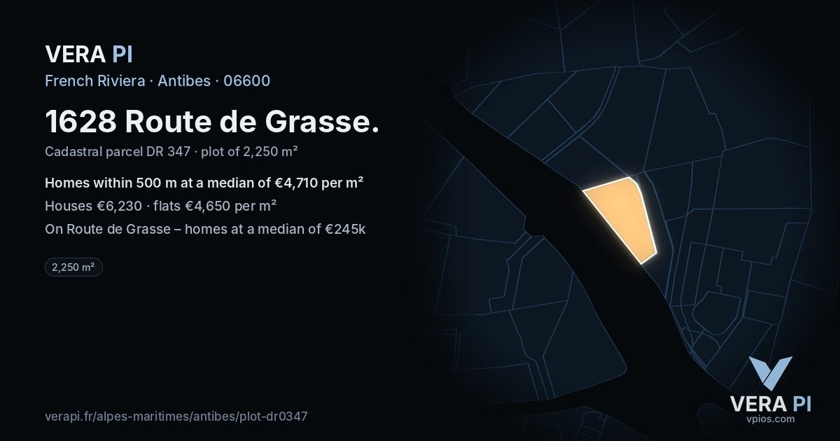 1628 Route de Grasse, Antibes at night – the plot lit, the parcels around coloured by the prices near them