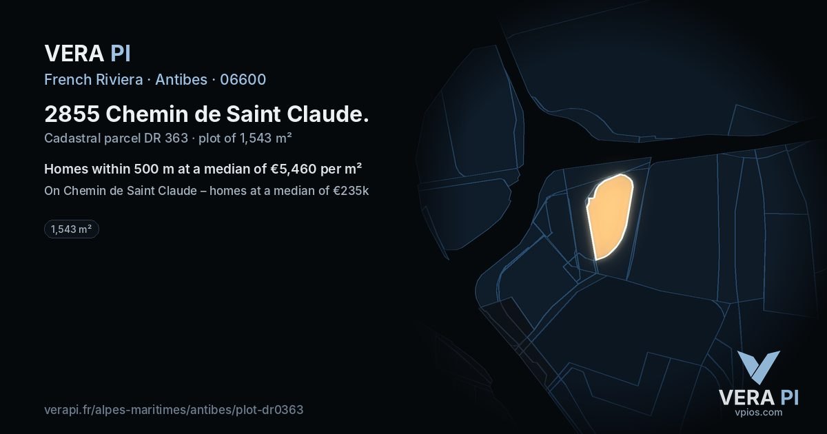 2855 Chemin de Saint Claude, Antibes at night – the plot lit, the parcels around coloured by the prices near them