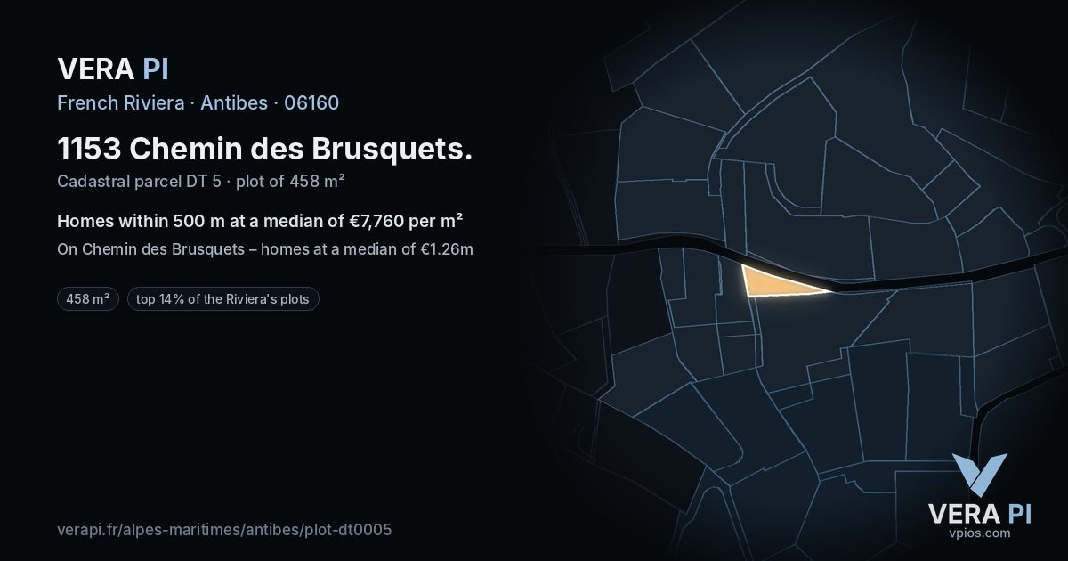 1153 Chemin des Brusquets, Antibes at night – the plot lit, the parcels around coloured by the prices near them