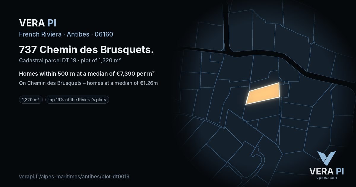 737 Chemin des Brusquets, Antibes at night – the plot lit, the parcels around coloured by the prices near them