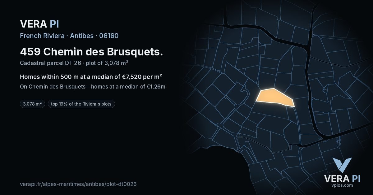 459 Chemin des Brusquets, Antibes at night – the plot lit, the parcels around coloured by the prices near them