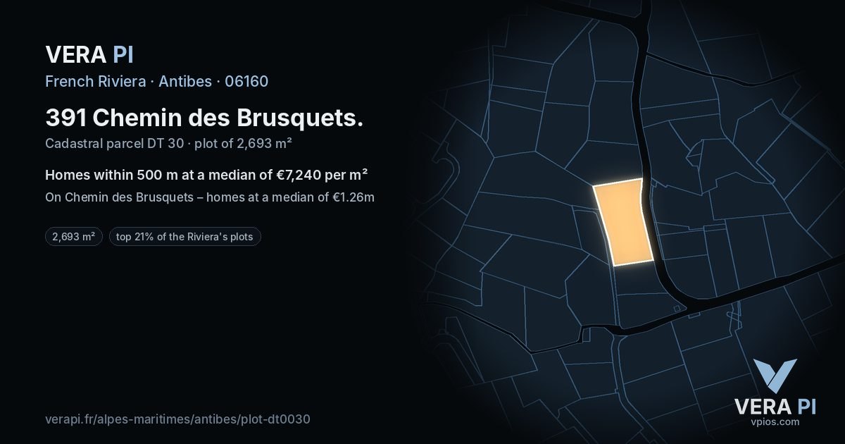 391 Chemin des Brusquets, Antibes at night – the plot lit, the parcels around coloured by the prices near them