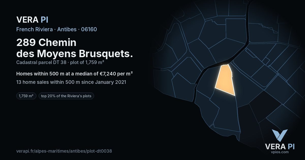 289 Chemin des Moyens Brusquets, Antibes at night – the plot lit, the parcels around coloured by the prices near them