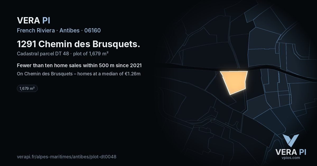 1291 Chemin des Brusquets, Antibes at night – the plot lit, the parcels around coloured by the prices near them