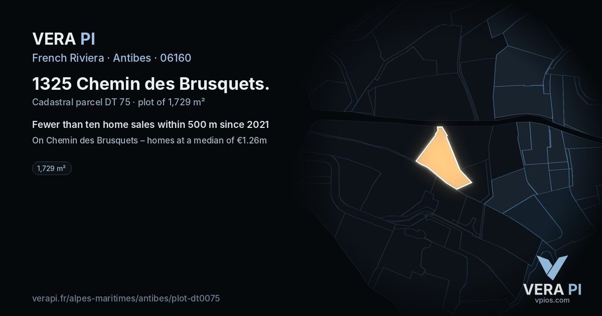 1325 Chemin des Brusquets, Antibes at night – the plot lit, the parcels around coloured by the prices near them